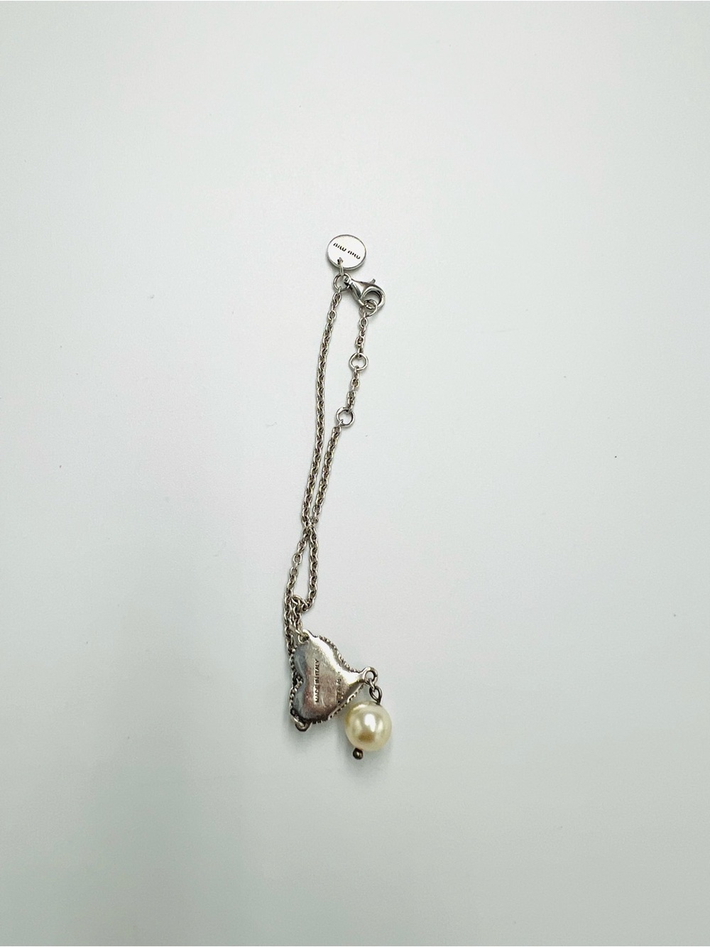 Miu Miu Crystal Faux Pearl Heart Silver Chain Bracelet - Picture 4 of 6